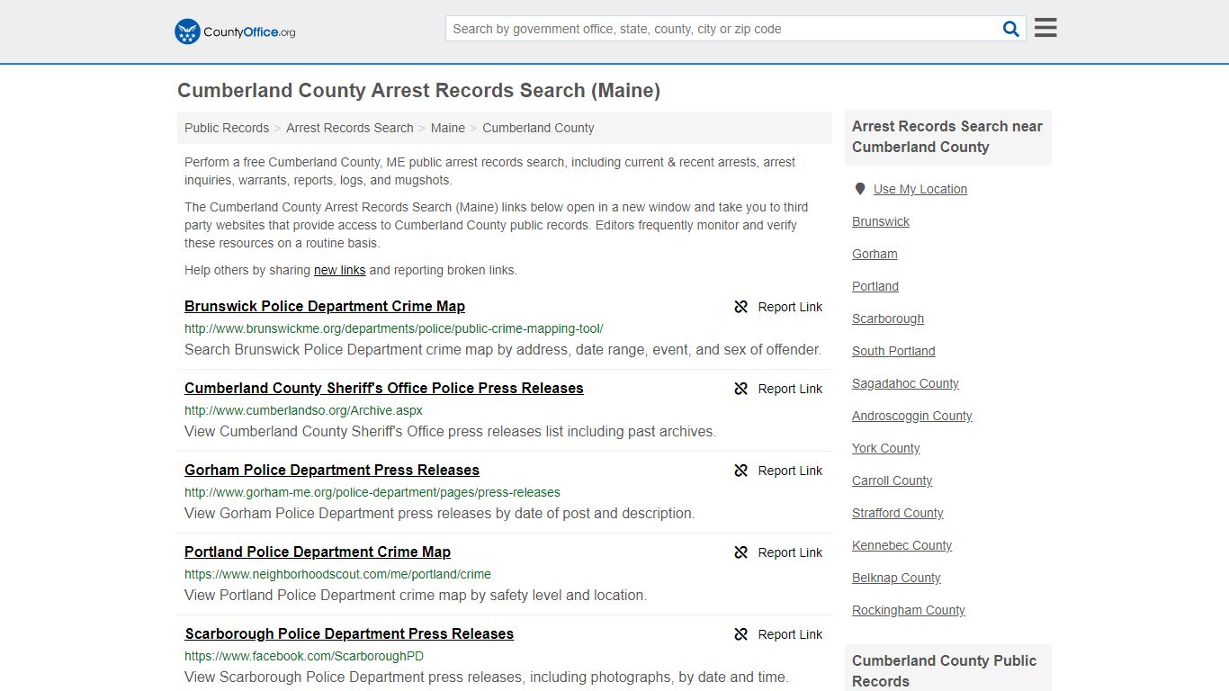 Cumberland County Arrest Records Search (Maine) - County Office